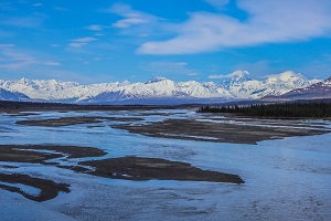 Looking up the Susitna River towards its headwaters in the Hayes Range